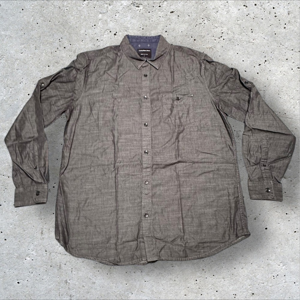 Calvin Klein Jeans Mens Large 100% Cotton Button Up Shirt Gray Long Sleeve